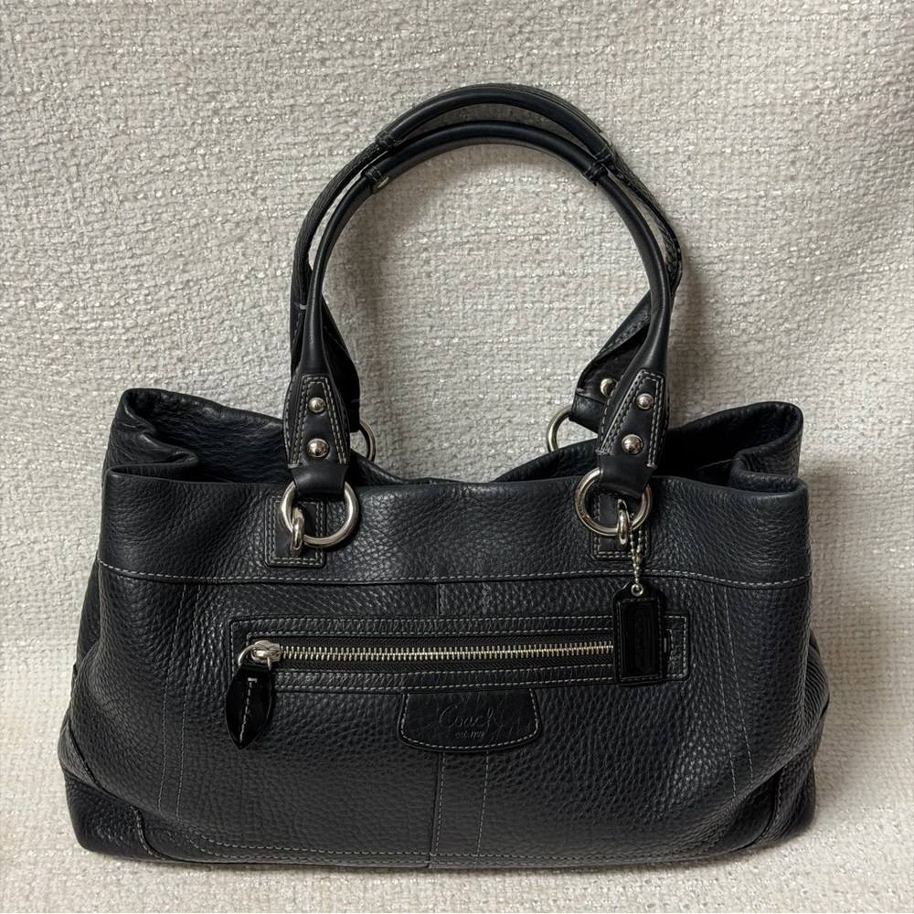 Coach Black Pebbled Leather Tote with Front Zip Pocket - Picture 2 of 9